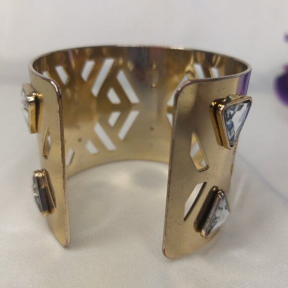 Gold Tone Wide Cuff Bracelet Geometric Cutouts Rhinestones Shiny Bold Like New - Picture 5 of 7
